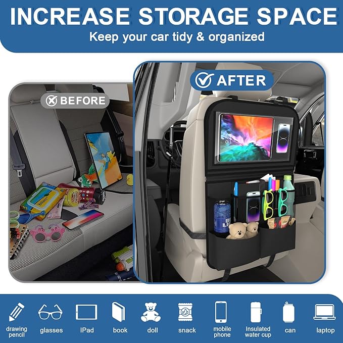Car Backseat Organizer with Detachable Steering Wheel Tray, 11-Pockets Storage & Tablet Holder, Kids Kick Mats Protector - Travel Accessories (1-Pack)