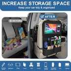 Car Backseat Organizer with Detachable Steering Wheel Tray, 11-Pockets Storage & Tablet Holder, Kids Kick Mats Protector - Travel Accessories (1-Pack)