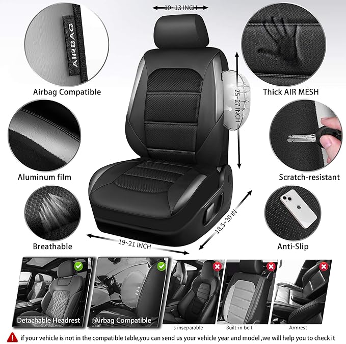 CAR PASS Memory Foam Car Seat Covers,Air Cool Mesh Thick Seat Covers Front Seats,Gray Metal Film Leather Seat Cover for Car,U