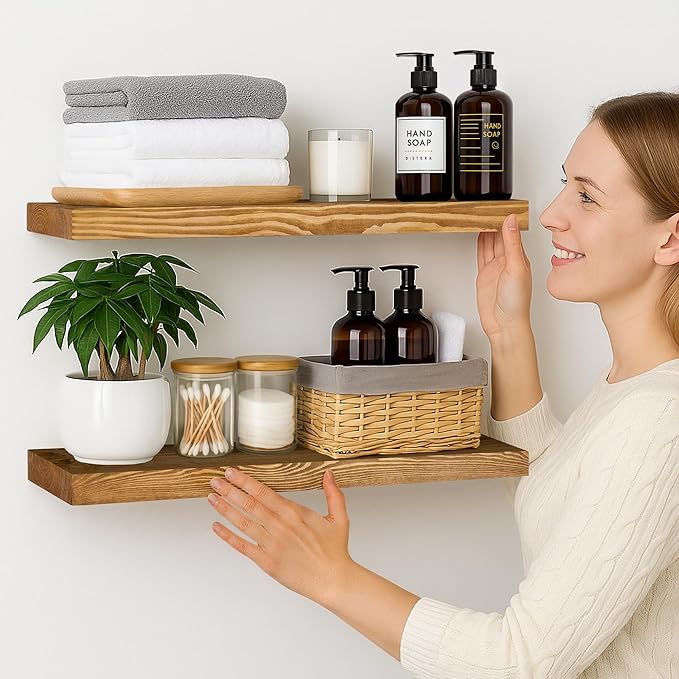 BGMG Wood Floating Shelves for Wall 24 inch Set of 2, Rustic Wooden Wall Mount Shelves for Living Room Bedroom Kitchen Farmho