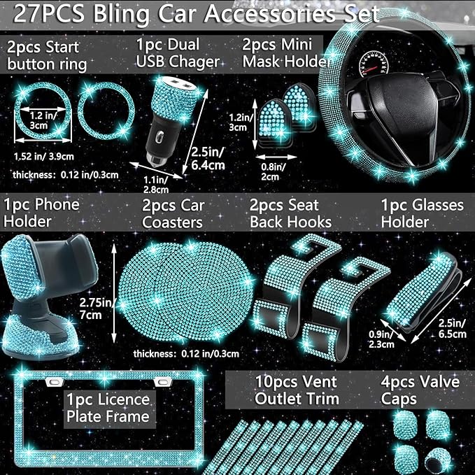NBTEPEM 27 PCs Aquamrine Bling Car Accessories Set for Women, Steering Wheel Covers Universal Fit 15 Inch, Bling License Plate Frame, Bling Phone Holder, Bling Car Coasters (Aquamrine Diamond)