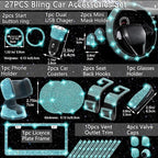 NBTEPEM 27 PCs Aquamrine Bling Car Accessories Set for Women, Steering Wheel Covers Universal Fit 15 Inch, Bling License Plate Frame, Bling Phone Holder, Bling Car Coasters (Aquamrine Diamond)