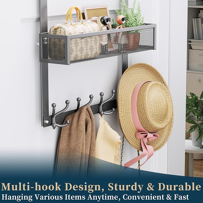 Consumest Over The Door Hooks Organizer - Over Door Hanger with 16 Hooks & 2 Baskets for Hanging Coat, Clothing, Towel, Hangi