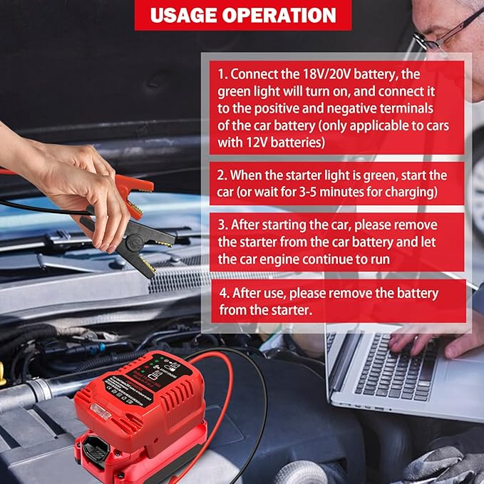 Jump Starter Adapter for Craftsman 20V V20 Battery, 11AWG 30A Auto Booster Cables, Portable Car Jump Starter for Up to 3.5L Engine, 12V Emergency Jump Box Using Power Tool Battery