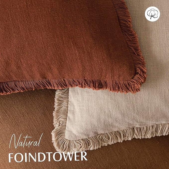 Foindtower Set of 2 Decorative Linen Fringe Throw Pillow Covers Boho Farmhouse Cushion Cover with Tassels Soft Accent Pillowc