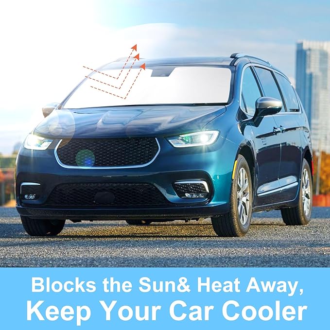 Front Windshield Sun Shade Foldable Car Front Window Sun Shade Windshield Shade Custom Fit for 2017-2025 2026 Chrysler Pacifica Minivan Block UV Rays Heat Keep Cooler