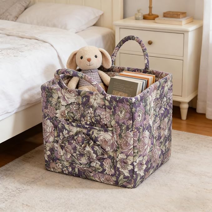 Quilted Laundry Basket with Handles - Multi-Purpose Fabric Storage Basket，Boho Fabric Storage Baskets with Handles for Car, H