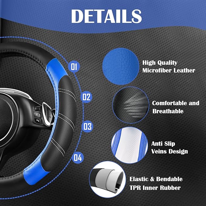 CAR PASS Air Mesh Leather Car Seat Covers Full Set, Waterproof Car Floor Mats, Sporty Steering Wheel Cover 14.5-15in, Univers