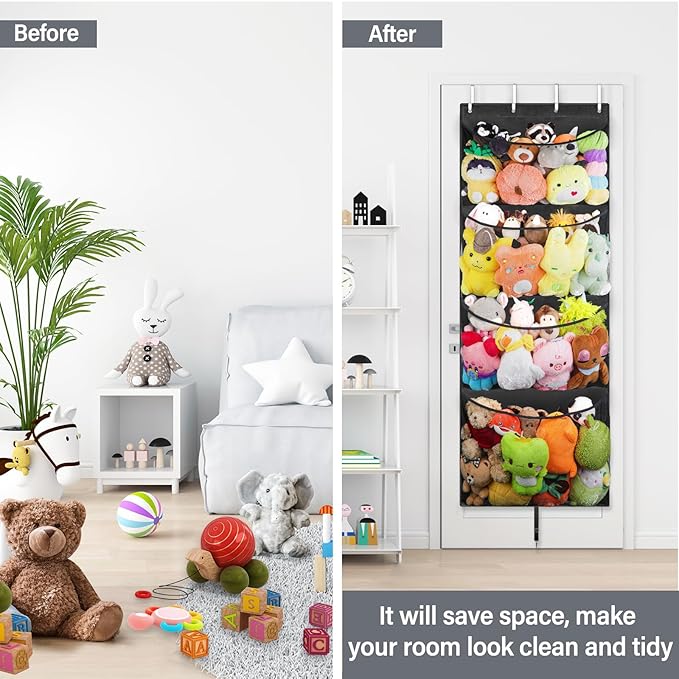 Woodoulogy Hanging Stuffed Animal Storage, Over Door Large Plush Toy Organizer with Metal Hook, Baby Accessory Holder Idea fo