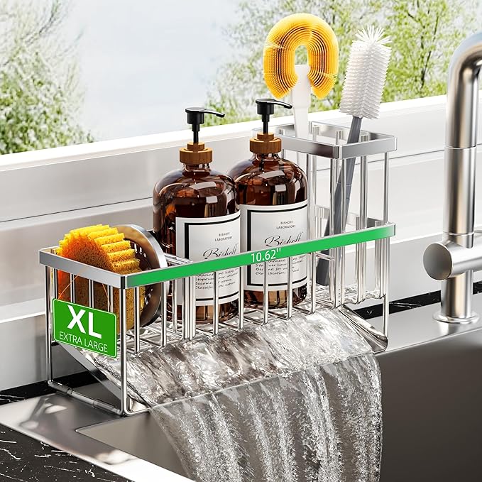 Cisily Extra Large Silver Kitchen Sink Caddy Organzier with High Brush Holder, Sponge Holder for Sink, 304 Rustproof Stainles