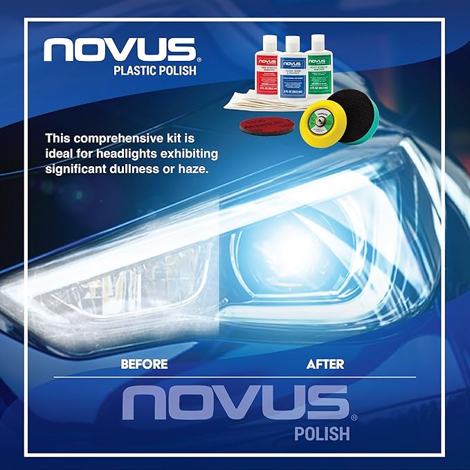 Novus Clear in Five Headlight Restoration Kit, 2 Ounce #1, 2, & 3 Bottles, Buffing Pad, Backing Pad Drill Attachment, 1,000 G