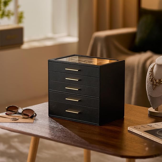 pickpiff Jewelry Box Organizer Case for Women: 5-Layer Jewelry Storage Case with Glass Window, Black Leather with Blush Velve