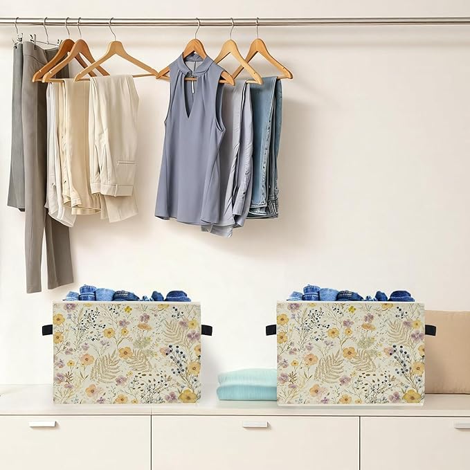 Watercolor Wildflower Storage Box Bins, Vintage Cottagecore Botanical Floral Collapsible Storage Basket Organizer for Bedroom