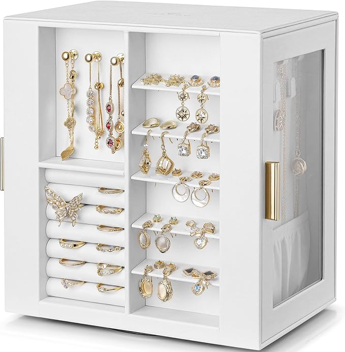 Vlando 360° Rotating Jewelry Box with 5 Drawers, Large Jewelry Storage with 2 Glass Window, PU Leather Jewelry Organizer for 