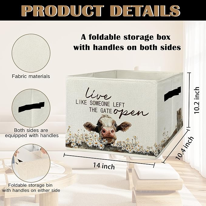 Rustic Cow Storage Bins & Boxes with Handles, Farmhouse Cow Foldable Basket for Organizing, Live Like Someone Left the Gate O