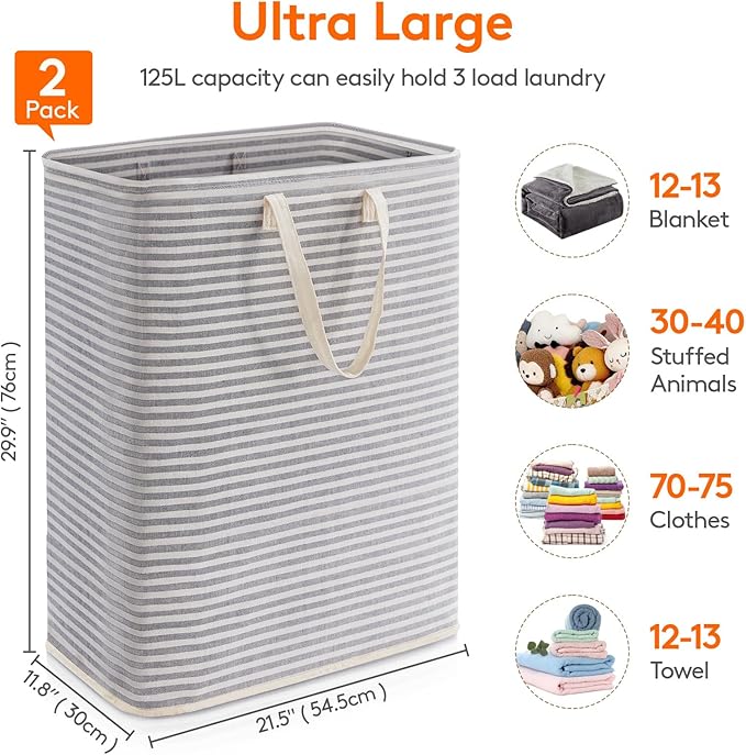 Lifewit 2 Pack Laundry Basket 125L Each, Collapsible Clothes Hamper with Reinforced Handles, Freestanding Waterproof Design f