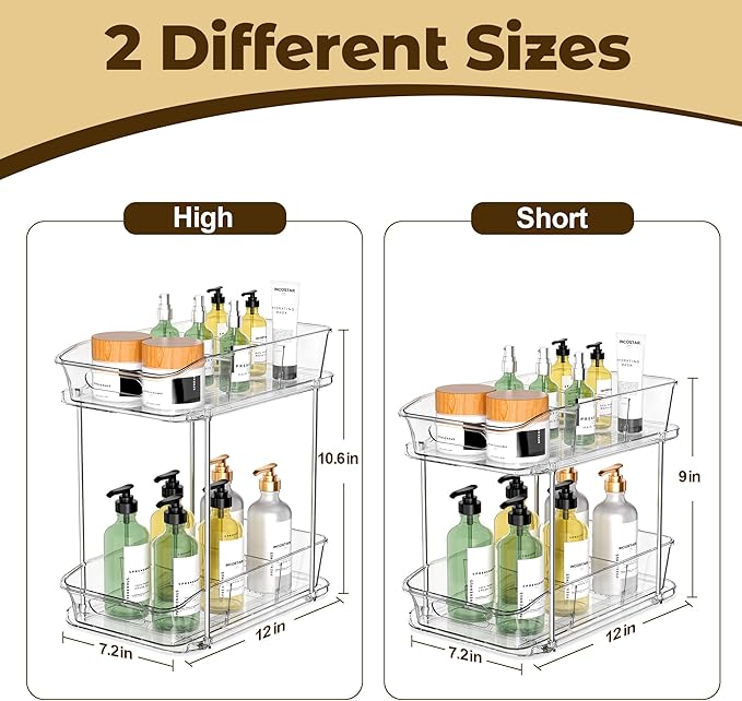 Incostar 2 Tier Pull-Out Organizer for Bathroom Kitchen, Under Sink Storage with Dividers, Ideal for Cabinet, Cupboard Organi