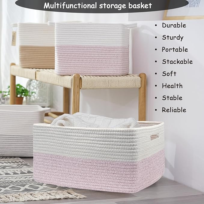 COMFY-HOMI Cotton Rope Woven Basket with Handles for Shelves,Toys,Book, Cloth Storage Baskets for Organizing-17" x 13" x 7.5"