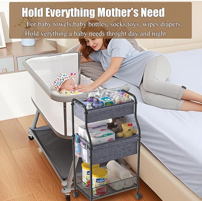 3-Tier Baby Diaper Caddy Organizer and Storage Cart, Mobile Metal Utility Cart with Rolling Wheels for Nursery Essentials wit