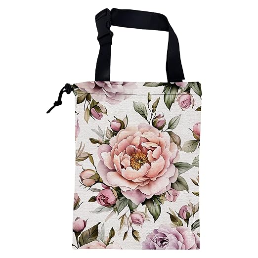 Car Trash Bag Pink Peonies and Green Leaves Leak-Proof Car Garbage Bag with Drawstring Foldable Canvas Trash Bin with Adjustable Buckle for Car Accessories