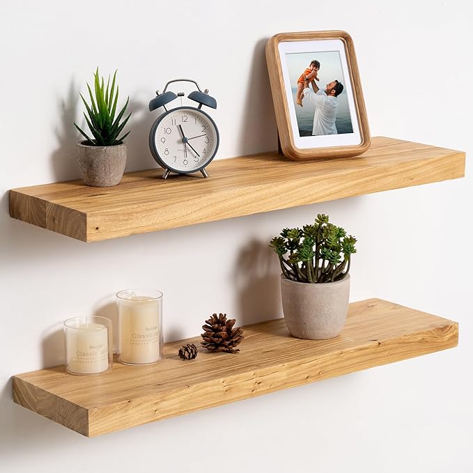 fuqing Floating Shelves for Wall, 24 inch Rustic Solid Elm Wood Floating Shelves, Wooden Wall Shelves with Invisible Heavy Du