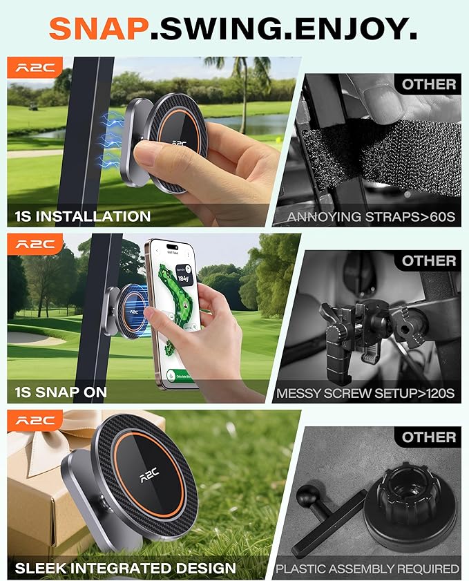 A2C Alloy Magnetic Golf Cart Phone Holder for MagSafe iPhone, Unique Golf Gifts for Men Golfers Dad Father, Golf Gift for Him Husband, Golf Accessories Essentials Gadgets Fits EZGO, Club Car, Yamaha