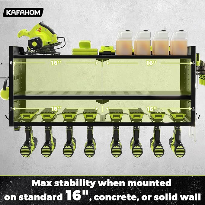 KAFAHOM Power Tool Organizer，Large 8 Drill Holder Wall Mount ，Heavy Duty Metal Tool Shelf with 12 Hooks，Storage Rack for Gara