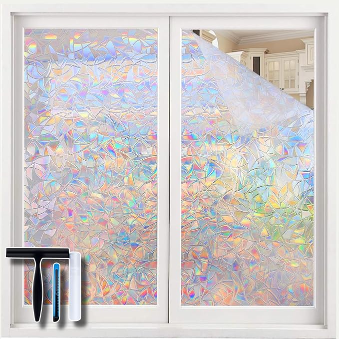 Volcanics Window Privacy Film with Installation Tools, Static Window Clings Vinyl 3D Window Decals Window Stickers Rainbow Window Film for Glass Door Home Heat Control Anti UV 17.5 x 118 Inches