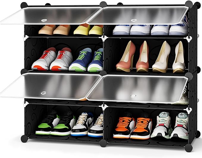HOMIDEC Shoe Rack, 4 Tier Shoe Storage Cabinet 16 Pair Plastic Shoe Shelves Organizer for Closet Hallway Bedroom Entryway Bla