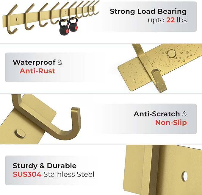Brushed Gold Wall Mounted Coat Rack – 30 Inch Stainless Steel Rail with 10 Double Coat Hooks for Entryway, Bathroom, Bedroom,