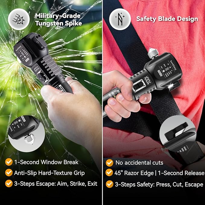 18-in-1 Solar/USB Rechargeable Car Emergency Flashlight Tool - Auto Safety Hammer Glass Breaker, Seatbelt Cutter, Flameless F