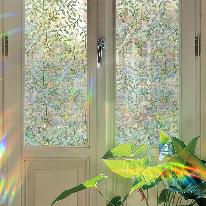 Niviy Leaf Rainbow Window Film, Stained Glass Window Film Glass Decals Static Cling Stickers, Windows Tint for Home Bathroom (16.93 x 39.37inch)