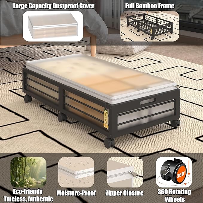 Bamboo Underbed Storage Containers with Wheels & Bag 2 Pack, Large Under Bed Rolling Storage Bins Wood Under Bed Clothes Stor