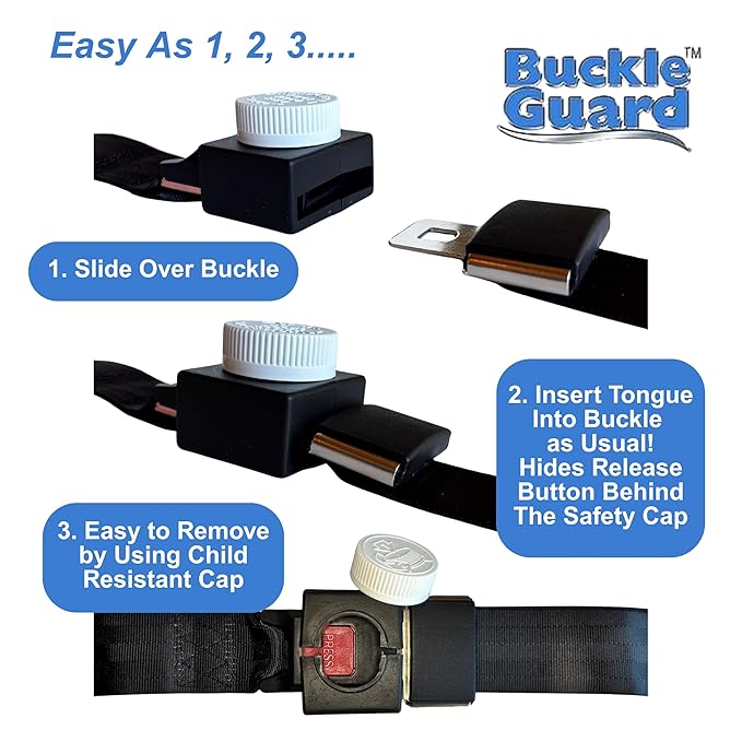 Seat Belt Button Cover Deters Children and Disabled Adults from Unbuckling Seatbelt Buckles in Buses & Commercial Vans, No "Key" Needed to Open Device, for 2-Point Lap Belts (Black)