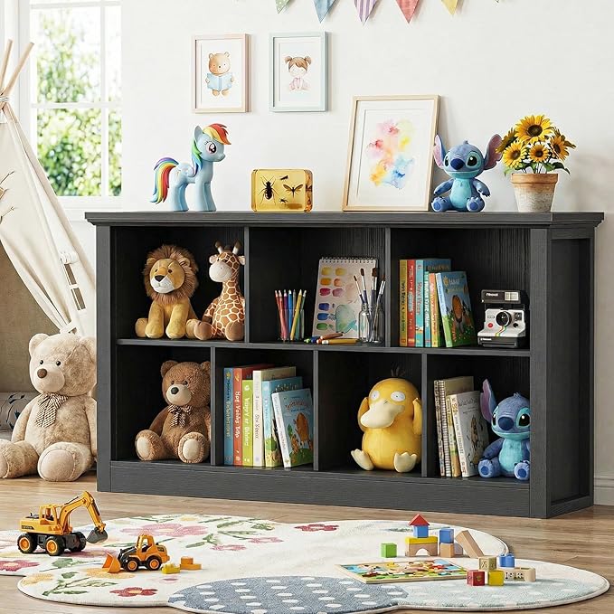 Unikito 7 Cube Storage Book Shelf - 50" Wide Wood Cube Storage Organizer, Wooden 2 Tiers Floor Standing Low Bookcase for Livi