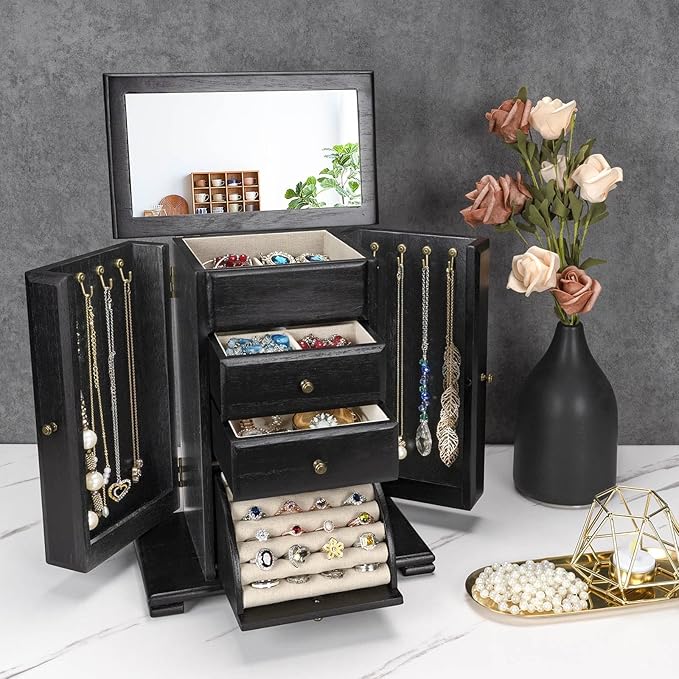 Emfogo Jewelry Box for Women, Rustic Wooden Jewelry Boxes & Organizers with Mirror, 4 Layer Jewelry Organizer Box Display for