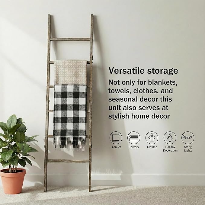 Blanket Ladder for Living Room 6-Tier, Wooden Decorative Quilt Holder for Bed Room, Wall-Leaning Towel Rack for Bathroom, Dec