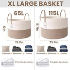 JMvicyroam 115L Extra Large Blanket Basket for Living Room - Woven Cotton Rope Laundry Hamper with Reinforced Handles - Stora