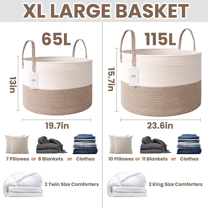 JMvicyroam 115L Extra Large Blanket Basket for Living Room - Woven Cotton Rope Laundry Hamper with Reinforced Handles - Stora