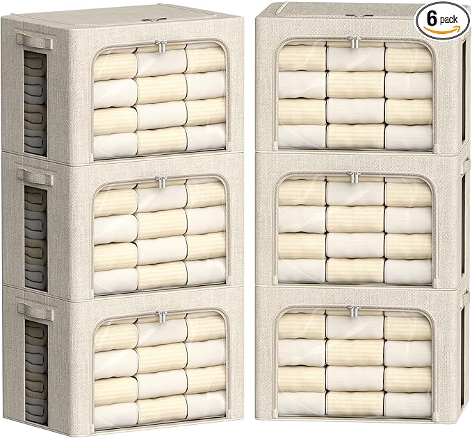 FHSQX 6 Pack Clothes Storage Bins with Metal Frame 100L Foldable Storage Bins for Clothes Linen Fabric Storage Box with Clear
