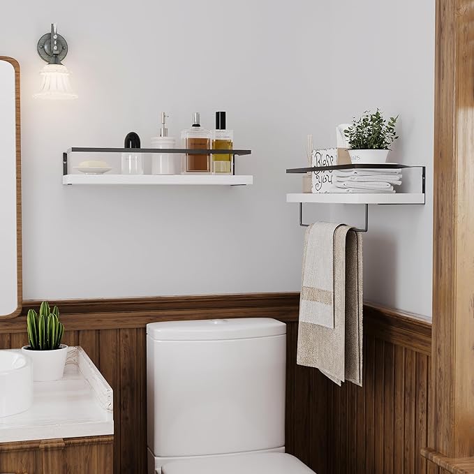 White Wood Floating Shelves Wall Mounted - 2+1 Tier Rustic Bathroom Wall Shelves Over Toilet with Towel Bar, Natural Wood Set