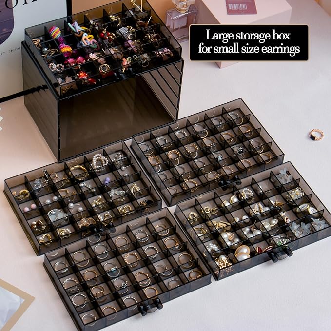 SPAKOWN Earring Organizer, Acrylic Jewelry Holder Organizer with 5 Drawers Stackable Earring Storage Case Jewelry Boxes for W