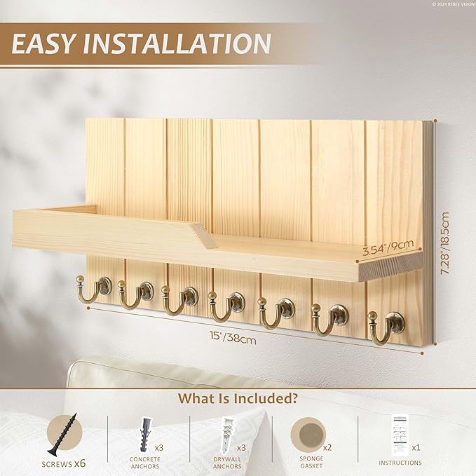 Rebee Vision Farmhouse Pine Key Holder Wall Mount for Room Decor - Key Holder for Wall with Floating Shelf for Placeable Plan