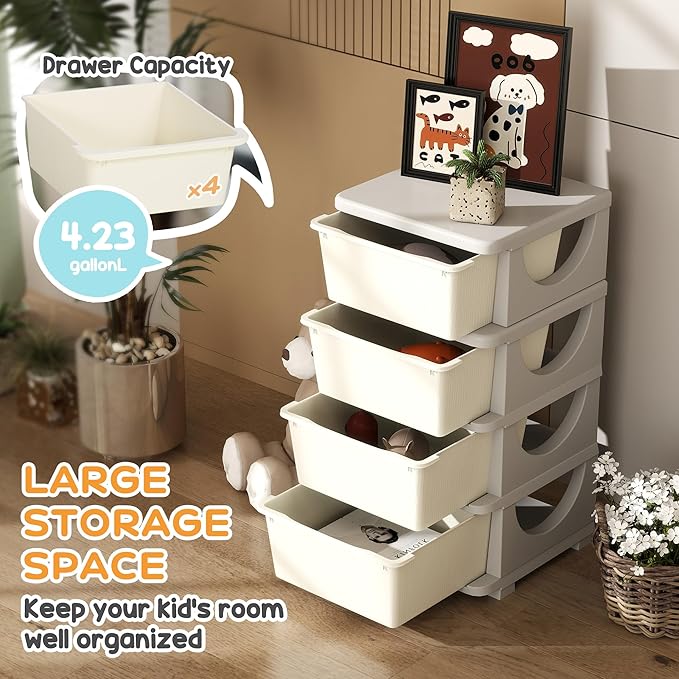Qaba 4 Tier Kids Storage Unit, Toy Organizers and Storage with 4 Drawer Chest for Kids Bedroom Nursery Kindergarten Living Ro