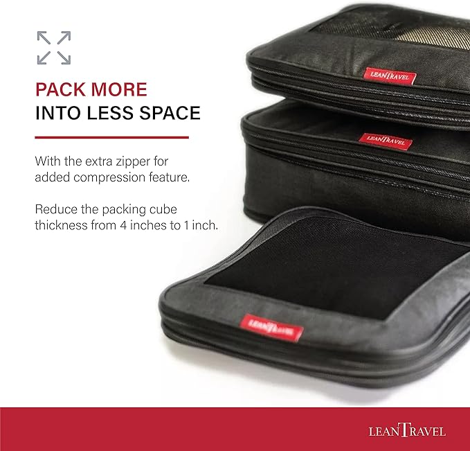 LeanTravel Premium Compression Packing Cubes for Travel - Suitcase Organizer Bags with Double Zipper & Breathable Mesh Panel 