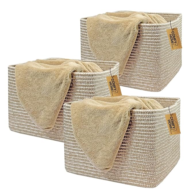 COMFY-HOMI 3Pack Small Woven Cotton Rope Basket for Organizing, Gift Baskets for Handles, Empty Gift Baskets, Medium Rope Bas