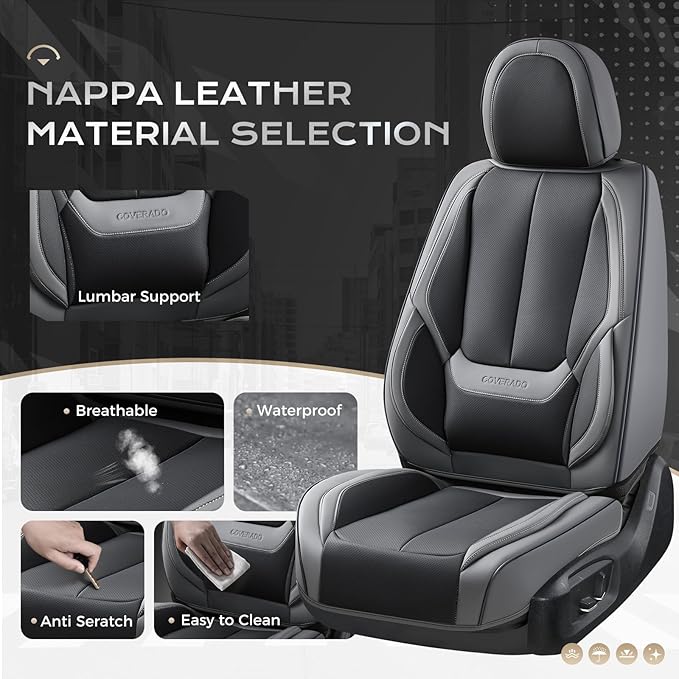 Coverado Seat Covers, Car Seat Covers Full Set, Leather Seat Covers for Cars, Car Seat Protector, Gray Car Seat Covers Front 