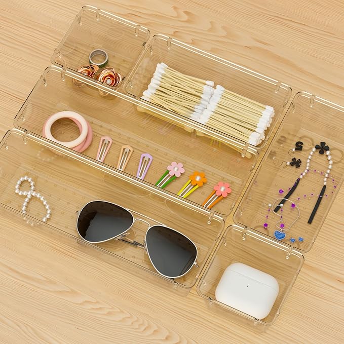 WOWBOX 12 Pack Clear Drawer Organizer Set, Acrylic Drawer Storage Trays, Storage Bins for Makeup, Cosmetics, Jewelries, Utens