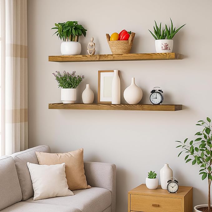 BGMG Wood Floating Shelves 48 inch Set of 2, Rustic Wooden Wall Mount Shelves for Living Room Bedroom Kitchen Farmhouse-48x6.