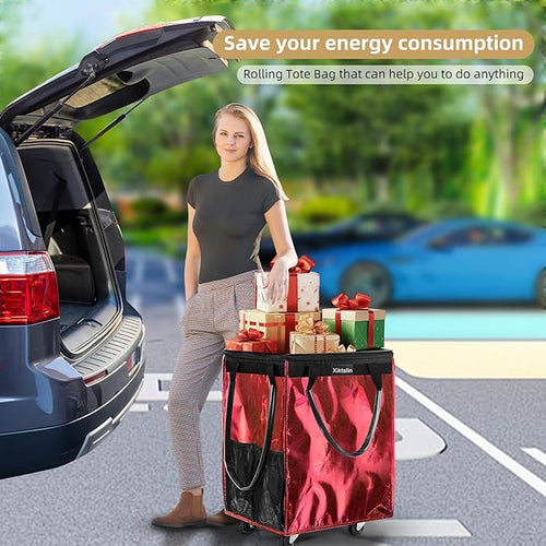 (Medium, Red) Reusable Grocery Bag on 4 Wheels, Foldable Rolling Tote Carries Up to 66lb Shopping Trolley, Rolling Bag with 3 Handles, Zipper Clouser Rolling Tote Bag with Wheels for Laundry